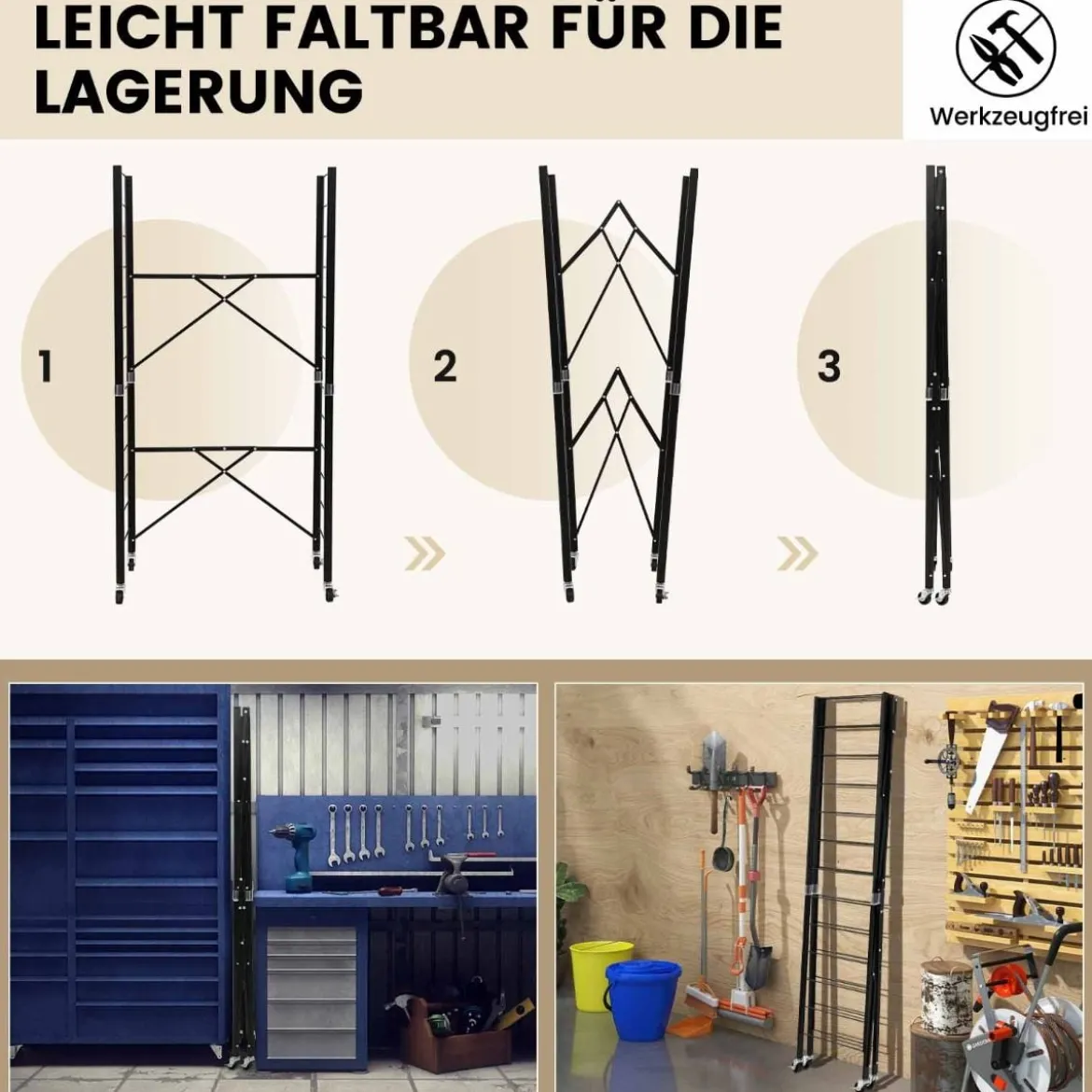 Zusammenklappbares Lagerregal mit Rädern selbst anpassbare Regaleinheit mit großer Kapazität Metallregal Schwarz