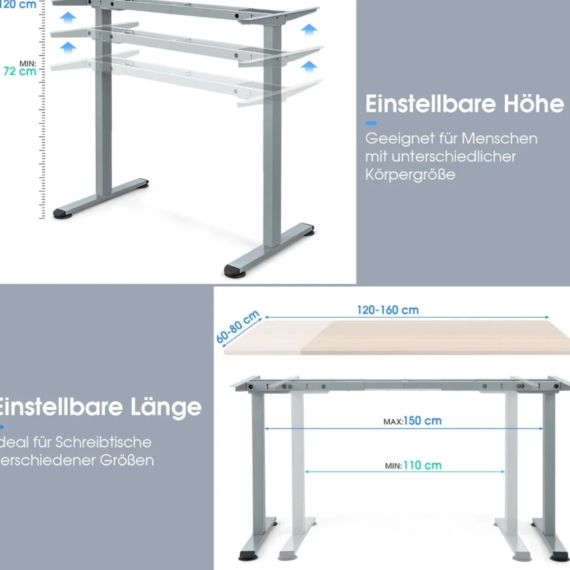 Zweimotoriges Tischgestell Stehpultgestell Pultgestell höhenverstellbar 109-151 x 59 x 70-120 cm Grau
