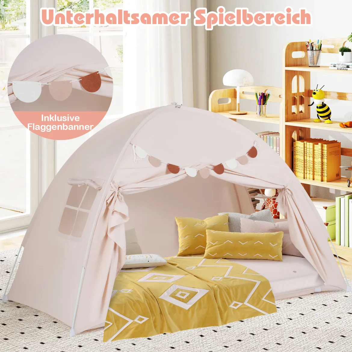 Zwillingsbett-Zelt für Kinder faltbares & tragbares Baldachinzelt für Etagenbett mit 2 Fenstern Beige
