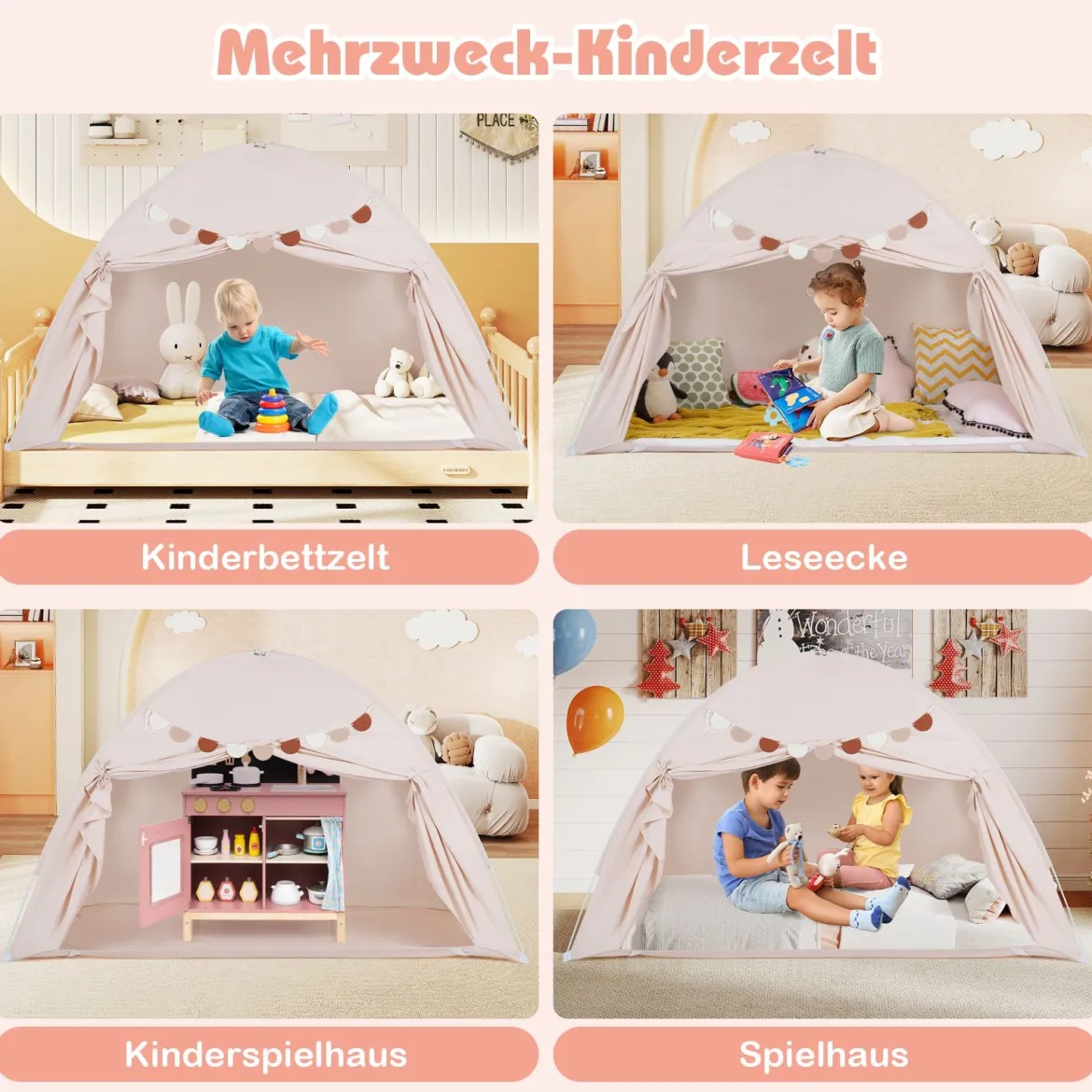 Zwillingsbett-Zelt für Kinder faltbares & tragbares Baldachinzelt für Etagenbett mit 2 Fenstern Beige