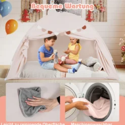 Zwillingsbett-Zelt für Kinder faltbares & tragbares Baldachinzelt für Etagenbett mit 2 Fenstern Beige