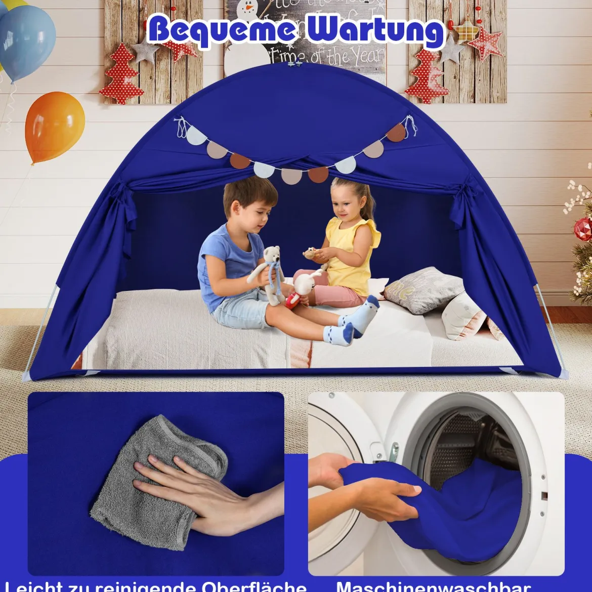 Zwillingsbett-Zelt für Kinder faltbares & tragbares Baldachinzelt für Etagenbett mit 2 Fenstern Navy