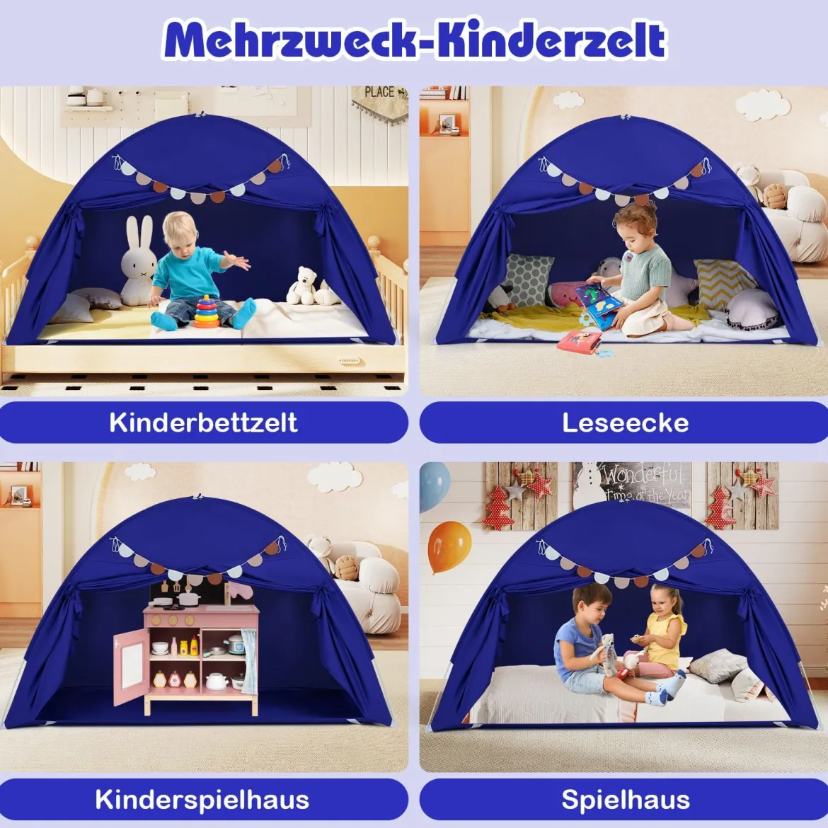Zwillingsbett-Zelt für Kinder faltbares & tragbares Baldachinzelt für Etagenbett mit 2 Fenstern Navy