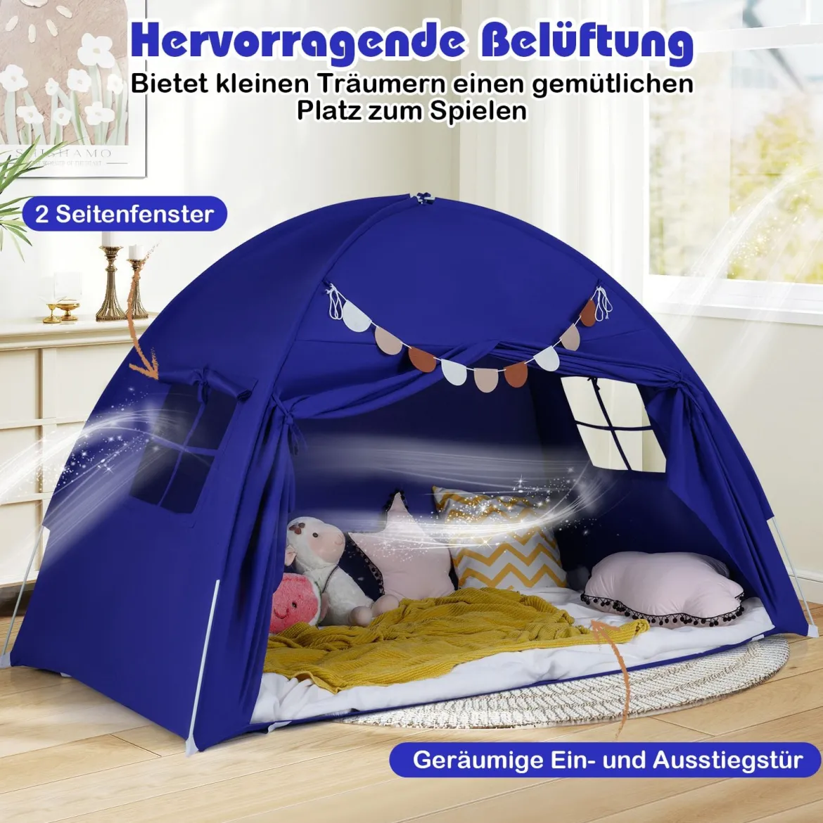 Zwillingsbett-Zelt für Kinder faltbares & tragbares Baldachinzelt für Etagenbett mit 2 Fenstern Navy