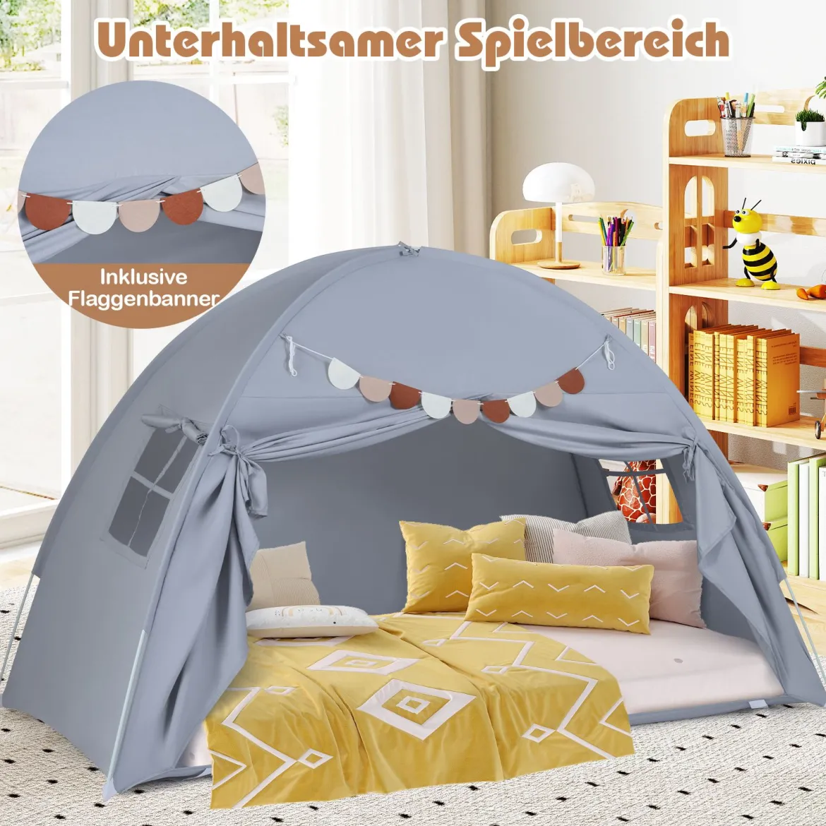 Zwillingsbett-Zelt für Kinder faltbares & tragbares Baldachinzelt für Etagenbett mit 2 Fenstern Grau