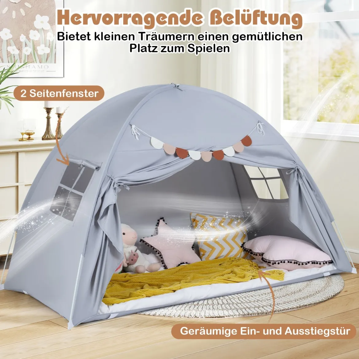 Zwillingsbett-Zelt für Kinder faltbares & tragbares Baldachinzelt für Etagenbett mit 2 Fenstern Grau
